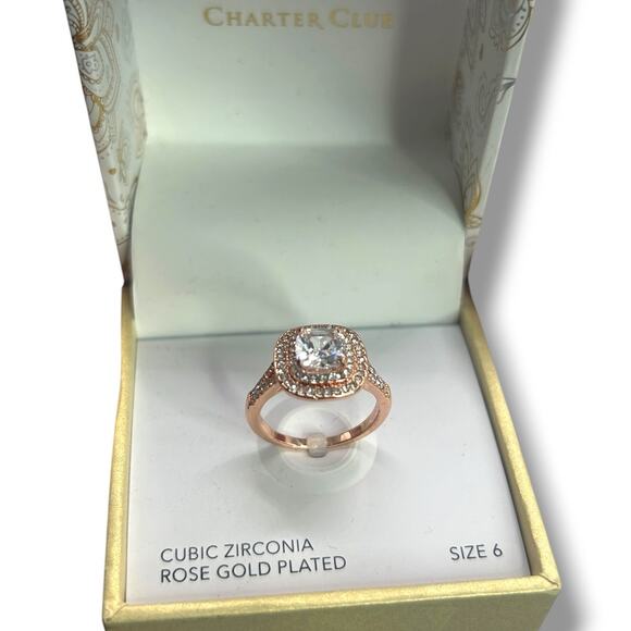NEW Charter Club Rose Gold Plated Double Halo Crystal Ring Size 6 Cubic Zirconia - Picture 1 of 9